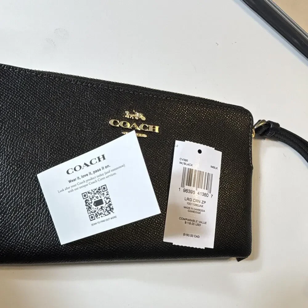 Coach Black Solid Zip Wristlet Wallet w/ Wrist Strap Logo Accent for Women